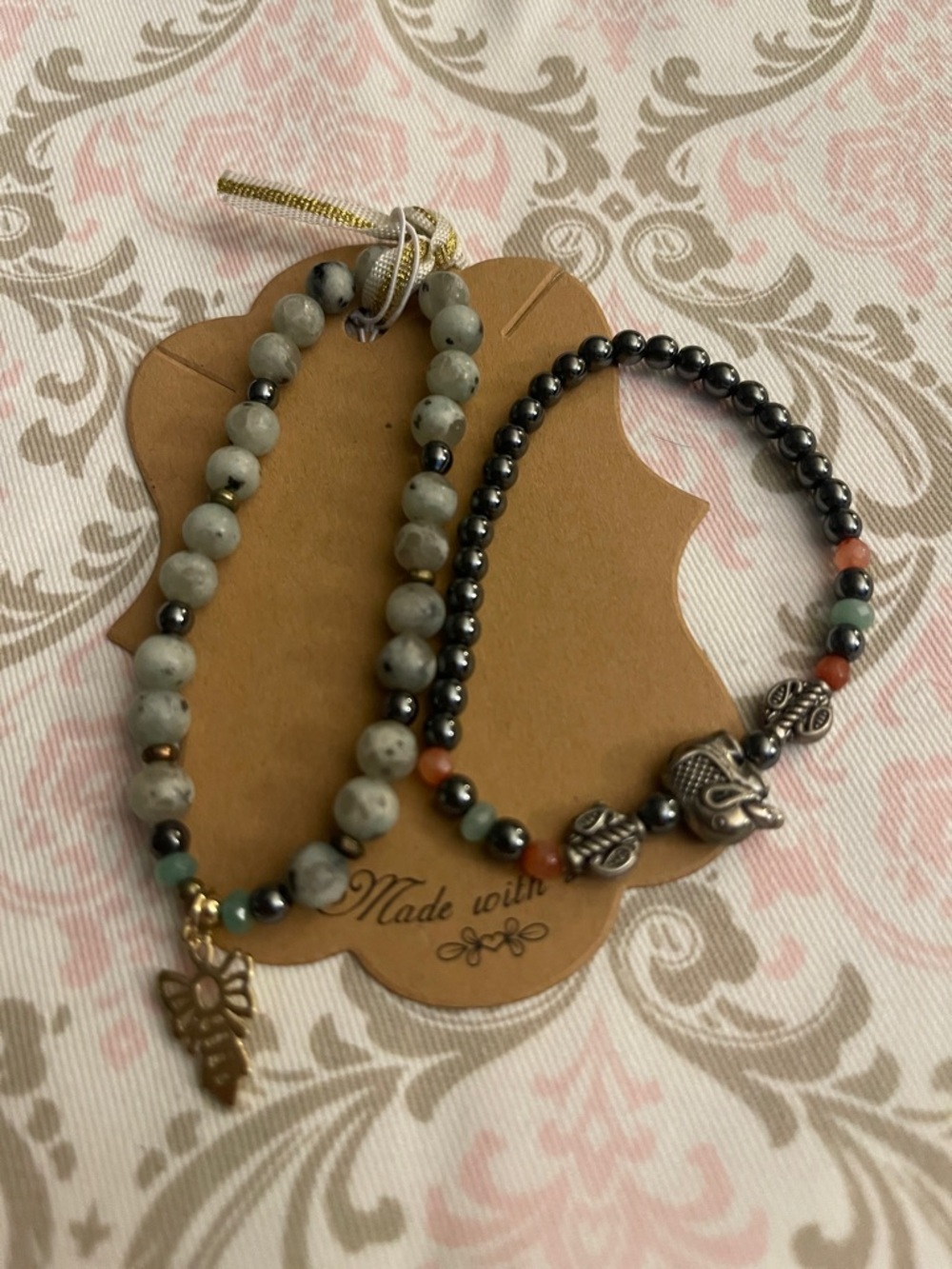 Handmade Gray and Black Beaded Bracelet Set with Gold Bee Charm